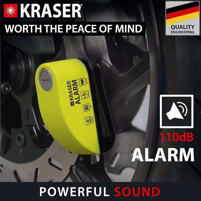 KRASER WA6Y Alarm Disc Lock, Reinforced Disc Brake Lock with 3 keys (others 2), Heavy Duty Anti-Theft Motorcycle Lock with Alarm,110dB, Weather-Resistant, Reminder Cable, Pouch, Motorbike Moped E-Bike
