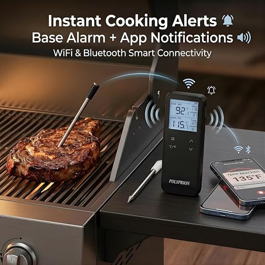 Smart Wireless Meat Thermometer with WiFi & Bluetooth, 2 Probes with 6 Sensors Each, App-Controlled Real-Time Monitoring, IP67 Waterproof for BBQ, Grill, Oven, Smoker, Air Fryer & Rotisserie