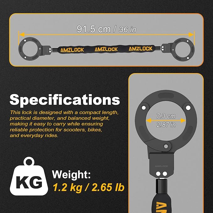 Electric Scooter Lock, 3FT / 91cm Bike Chain Lock Anti-Theft, Heavy Duty Push-to-Lock Security for E-Bike, Scooter & Bicycle