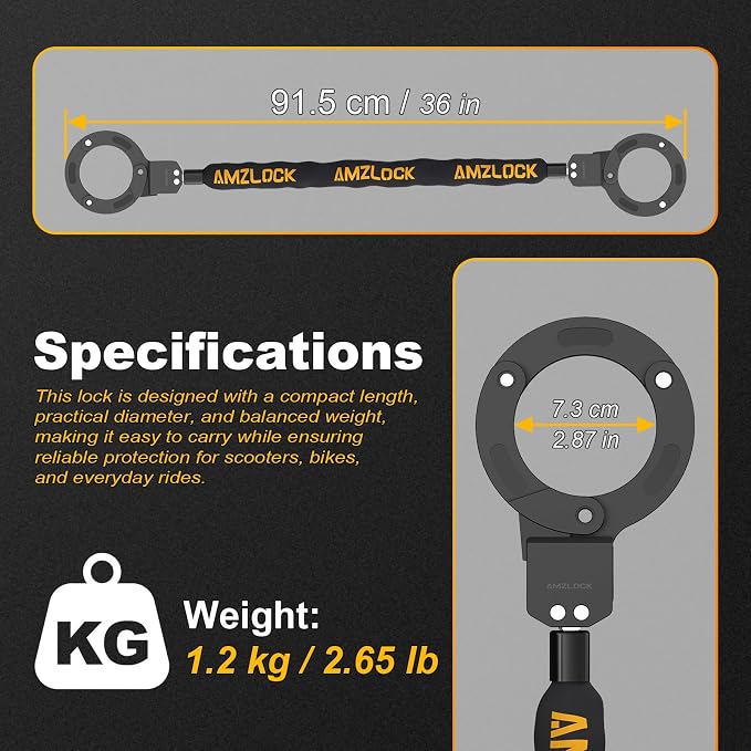 Electric Scooter Lock with Bag, 3FT / 91cm Bike Chain Lock Anti-Theft, Heavy Duty Push-to-Lock Security for E-Bike, Scooter & Bicycle