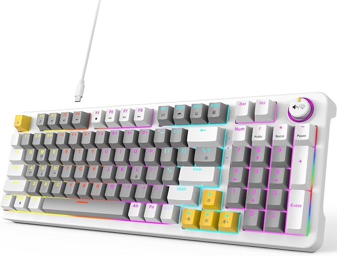 MOFII AK96 Mechanical Gaming Keyboard, Full Keys LED Backlit Programmable, Plug and Play USB A/C Wired Computer Custom Keyboard with Sound/Light Control Knob for Win/Mac - Gray & White