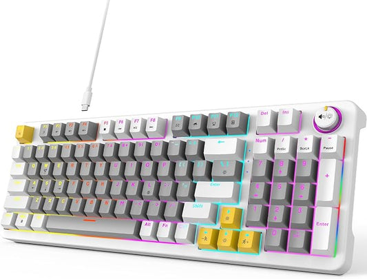 MOFII AK96 Mechanical Gaming Keyboard, Full Keys LED Backlit Programmable, Plug and Play USB A/C Wired Computer Custom Keyboard with Sound/Light Control Knob for Win/Mac - Gray & White