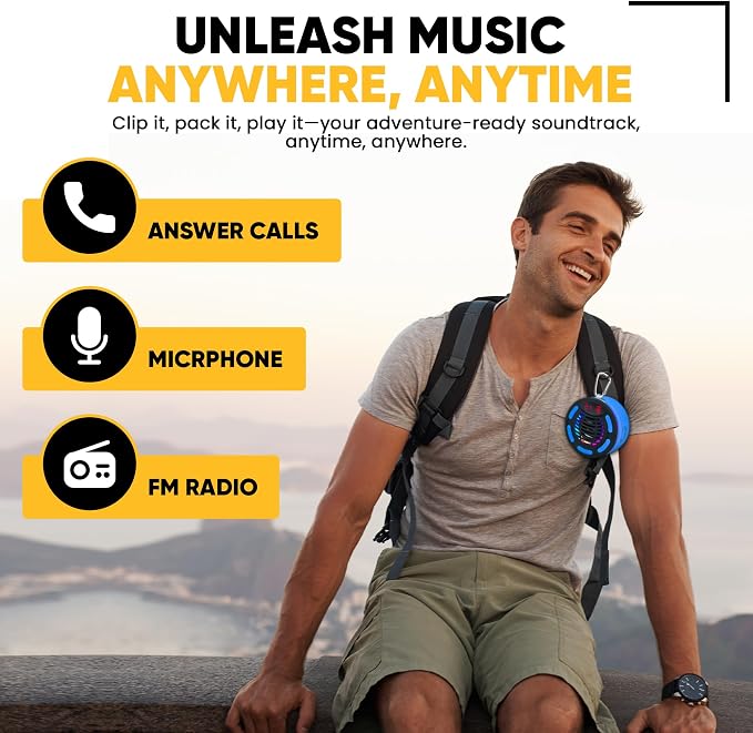 IPX7 Waterproof Portable Bluetooth Speaker with Digital Watch, for Shower, Pool, Beach, Bike, Includes MTB Handlebar Holder, Suction Cup & Carabiner, RGB Lights, FM Radio, USB-C - Gifts