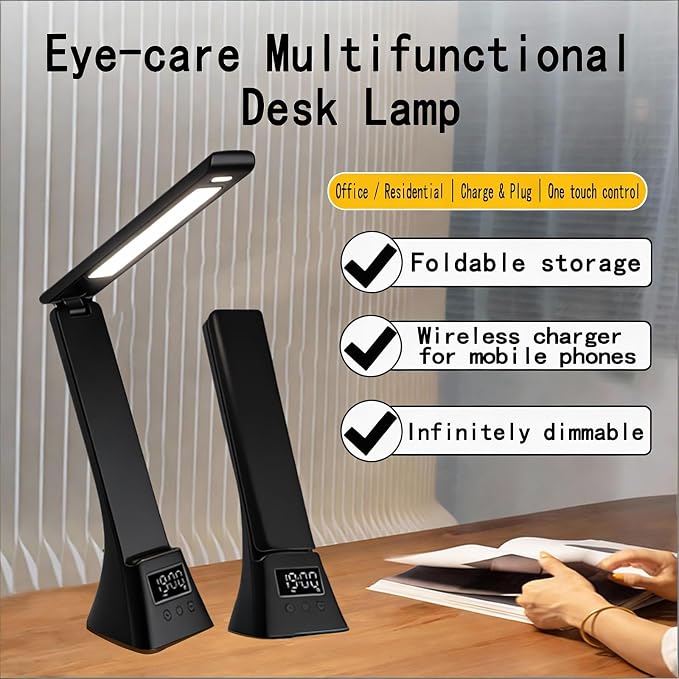 All-in-One Wireless Charging Desk Lamp with Digital Clock & Alarm, 15W Fast Phone Charger, 3 Color Lighting Modes, 180° Foldable, Touch Control for Bedroom, Office,HYV-2088 Black.