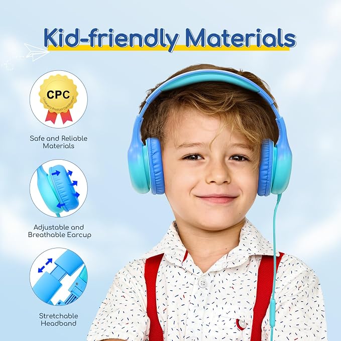 EarFun Kids Headphones Wired with Microphone, USB Type C Headphones for Kids, 85/94dB Volume Limit, Portable Wired Headphone with Shareport, Stereo Sound Foldable Headset for School/Tablet/PC, Cyan