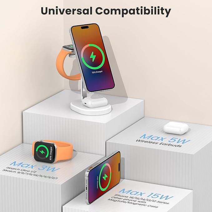 3 in 1 Wireless Charging Station,Detachable Apple Watch Charger & 15W Charger Stand for MagSafe for iPhone, Wireless Charger for Multiple Devices iPhone 16/15/14/13&Watch&AirPods（Blue）