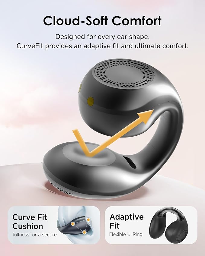 King Lucky Clip-On Earbuds,Comfort Air Cushion Open Ear Earbuds Wireless Bluetooth 6.0 Multipoint, Open Ear Headphones with Mic,Anti-Mistouch,45H Playtime for Sports,Small Ears&Sleep (Black)