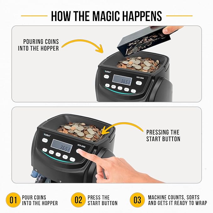 Kolibri KCS-2000 Professional USD Coin Counter Machine, Coin Sorter, Wrapper/Roller | 300 Coins/min, LED Display, Batch Feature | USD Change Counter (USA Tech Support)