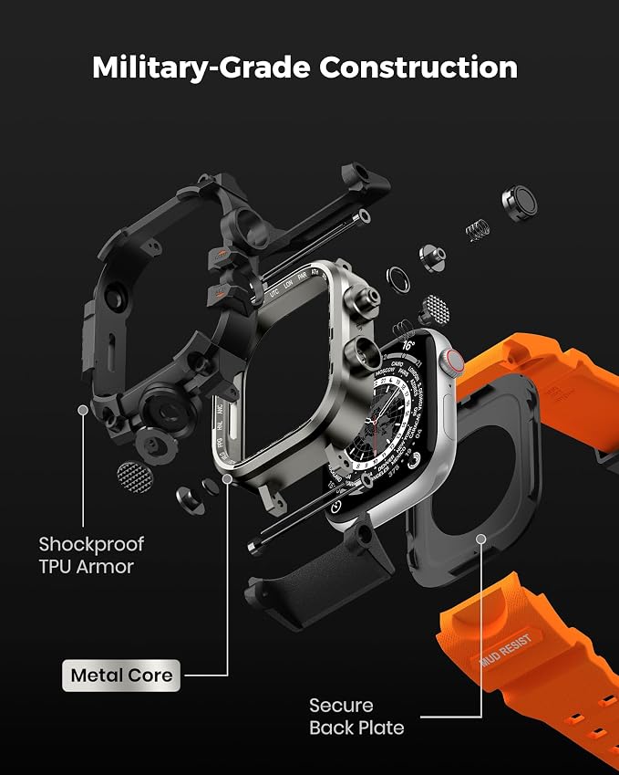 amBand Rugged Case with Band for Apple Watch 45mm, Compatible with Apple Watch (iWatch) Series 9/8/7, Military Grade Shockproof Bumper Cover, Tactical Band for Men, Orange