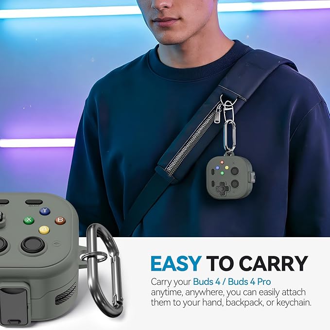 for Galaxy Buds 4 Pro Case and Buds 4 Case Cover, Secure Lock Case for Samsung Galaxy Buds 4 Pro 2026, Funny Game Hard Shell Cover with Cleaner Kit and Keychain for Men Boy Women, Gray-Green