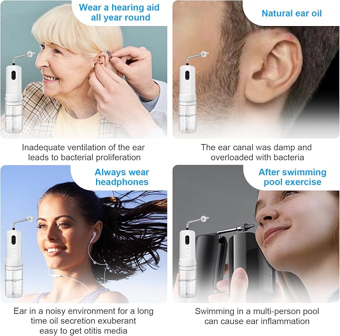 Ear Wax Removal, Electric Ear Irrigation Flushing System, Water Powered Ear Cleaner with 4 Pressure Modes, 6 Reusable Replacement Tips, Safe and Effective Ear Cleaning Tool for Adults (White)