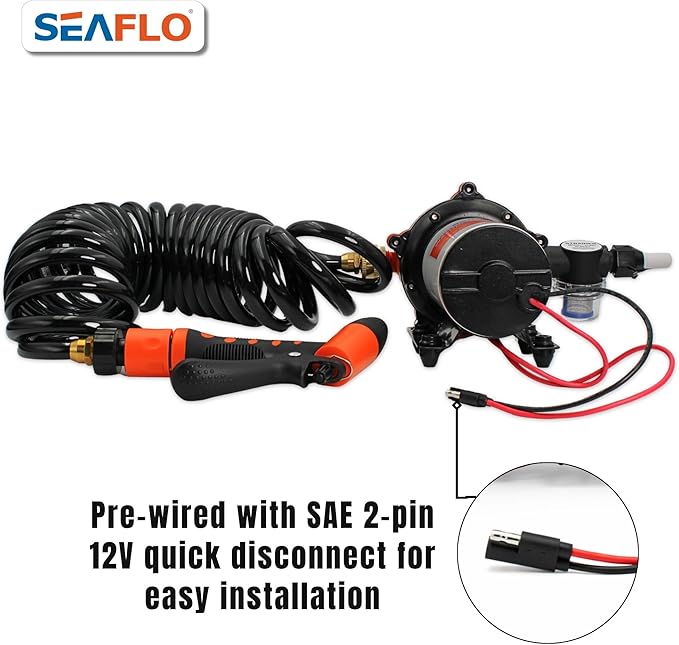 SEAFLO 55-Series Washdown Pump Kit - 12V DC, 5.5 GPM, 70 PSI, Self-Priming, Coiled Hose, Spray Nozzle, High Flow for RV, Boat, Off-Grid, Freshwater, and Saltwater Applications 4-Year Warranty
