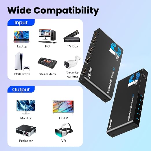 HDMI Switch 3 in 1 Out, 4K@60Hz Switcher Splitter, Auto-Switching HDMI 2.0 Switcher with Remote, HDCP 2.2/HDR/3D, Works with PS5/PS4/Switch/Xbox/PC