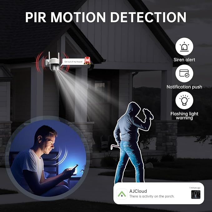 Chpuss Solar Security Camera Wireless Outdoor, 2K HD Surveillance Solar Powered WiFi Camera, Color Night Vision, PIR Detection, 360° View, 2-Way Talk, Spotlight Siren Alarm (Black & White - 2PACK)