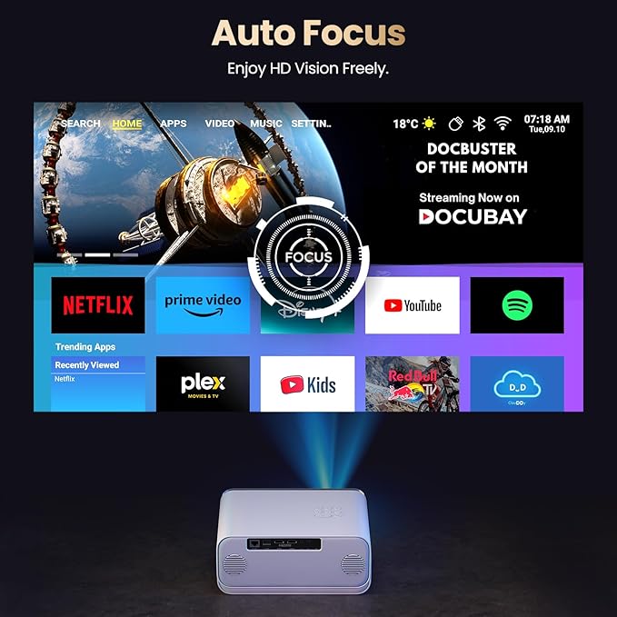Mini Projector, 4K Support Projector with Wifi 6 and Bluetooth 5.2, 1000 ANIS Portable HD1080P Home Video Projector with Auto Focus, Suitable for Family Gatherings, Various Festivals (White)