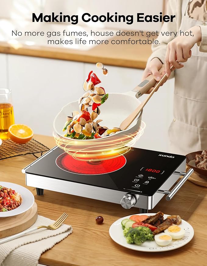 1800W Portable Electric Stove, 110v Electric Burner with Carry Handle Hot Plate, Ceramic Infrared Single Burner Cooktop, Touch & Knob Control Timer, Safety Lock (Black)