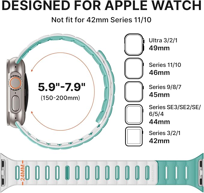 Bandletic Magnetic Watch Bands Compatible with Apple Watch Ultra Band, Dual Sided & Soft Silicone Safety Loop for iWatch Bands 49mm(Ultra3/Ultra2), 45mm(9/8/7), 44mm(SE3/SE2/SE/6/5/4), 42mm(3/2/1)