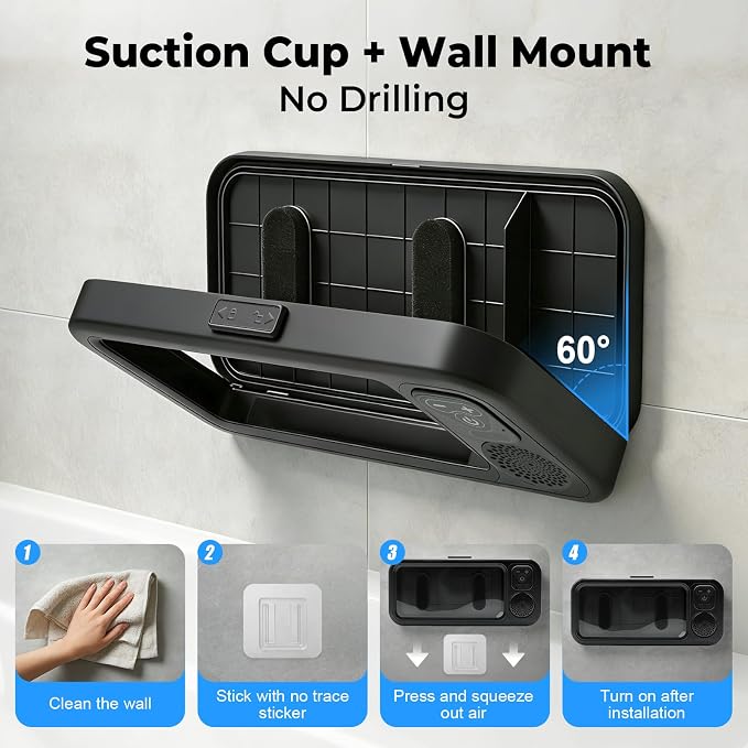 Waterproof Shower Phone Holder with Bluetooth Speaker Ipx5 360 Rotatable Suction Cup Wall Mount Universal for All Smartphones
