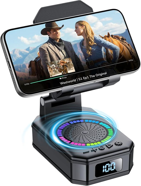 Gifts for Men Women, Cell Phone Stand with Wireless Bluetooth Speaker and 8 RGB Ambient Light, Anti-Slip Base HD Surround Sound, Bluetooth Speaker for Desk Home and Outdoors