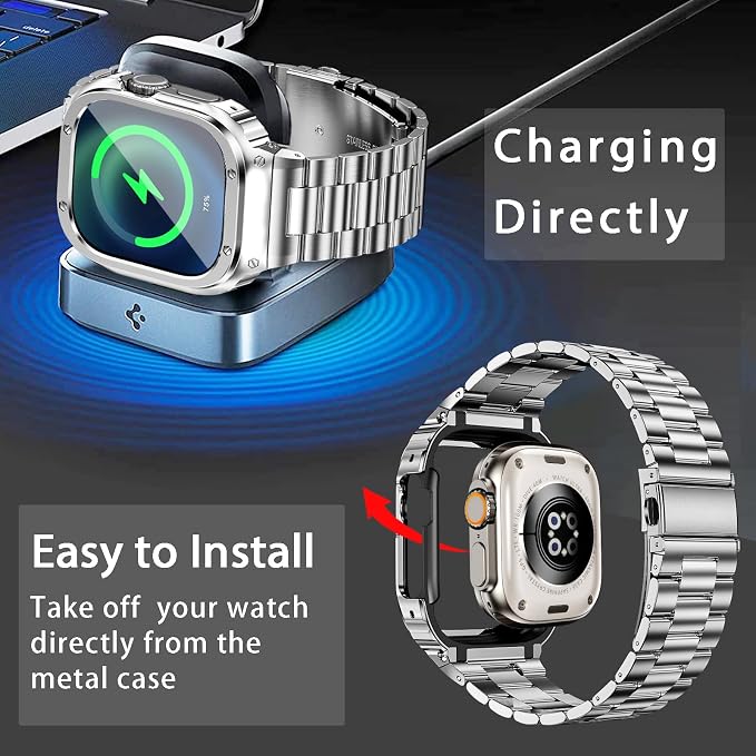 MioHHR Stainless Steel Band and Case Compatible with Apple Watch Band 49mm, Men Metal Protective Bumper Cover for iWatch Series Ultra 3/2/1, Silver