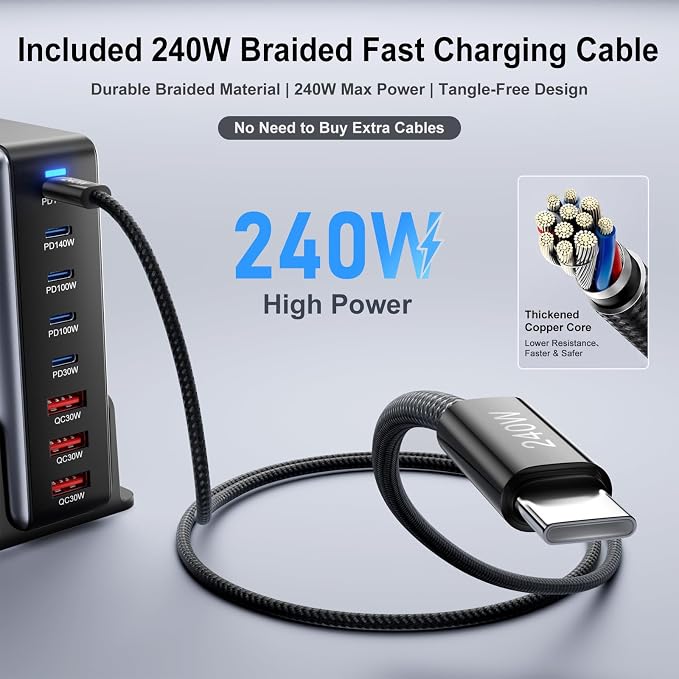 600W Fast Charging 8 Port USB C Charger Block with Nylon Fast Charging Cable, Multi-Device Charging Station Wall Desktop Charger with GaN Ⅲ Technology, USB-C Charger Adapter for MacBook/iPad/iPhone 17