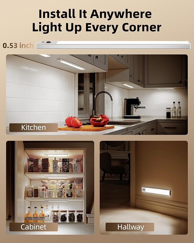 EZVALO 5-Pack Under Cabinet Lighting, 4000mAh Rechargeable Motion Sensor Light, 16.5inch Magnetic Closet Lights with Dimmable & 3 Color Temps, Wireless Motion Activated Lights with Remote for Kitchen