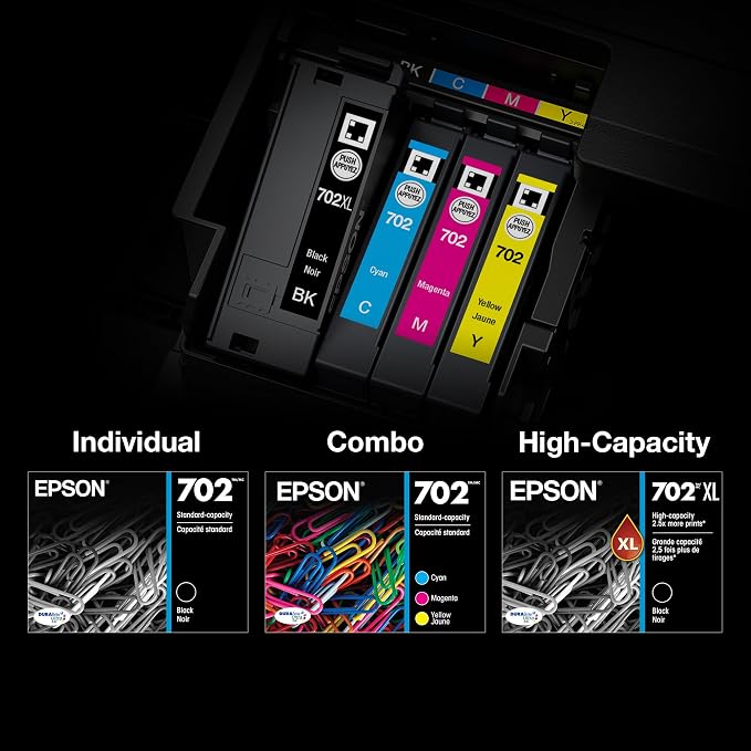 EPSON 702 DURABrite Ultra Ink High Capacity Black & Standard Color Cartridge Combo Pack (T702XL-BCS) Works with WorkForce Pro WF-3720, 3730, 3733