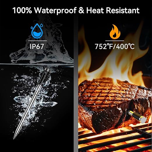 BFOUR Meat Thermometer Digital Wireless with LCD Booster, Bluetooth Food Cooking Thermometer with Smart App, 524FT Remote Range, 100% Waterproof & 752°F Heat Resistant Probe for BBQ Oven Grill Smoker