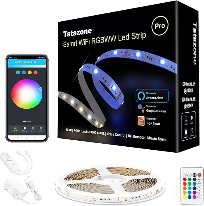 Tatazone RGBWW Smart Led Strip Lights, 16.4ft Tunable White 3000K to 6500K+RGB WiFi Led Light Strip Work with Alexa and Google, Color Changing Music Sync Indoor Rope Lights for Bedroom, TV, Cabinet