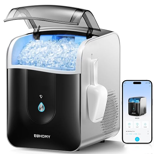 EUHOMY Smart Nugget Ice Maker Countertop, Sonic Ice Maker Machine with APP Control, Ready in 7 Mins, 40lbs/24H, Self-Cleaning, Portable Pebble Ice Makers with Hanging Ice Scoop for Home/Kitchen/Office