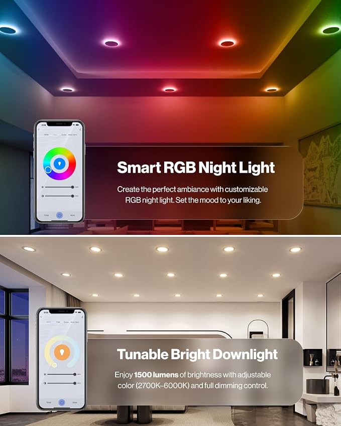 Sunco 12 Pack 6 Inch Smart Ultra Thin LED Recessed Ceiling Lights with Night Light, Tunable CCT 2700K to 6000K, Dimmable, 15W, Smooth Trim, Canless with Junction Box