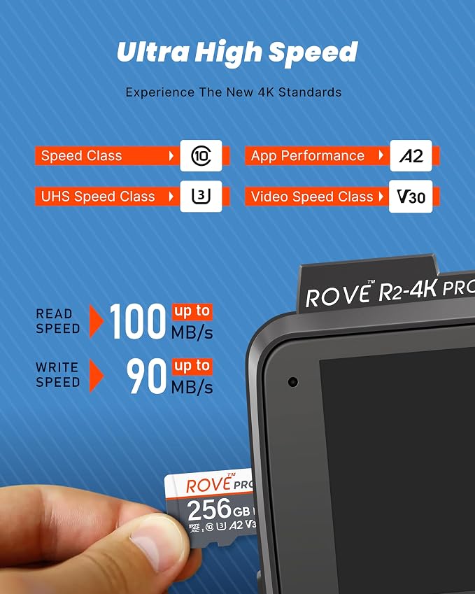 ROVE PRO Micro SD Card microSDXC 256GB Memory Card with Full-Size SD Adapter 100MB/s Read Speed, C10, U3, V30, 4K, A2 for Dash Cam, Android Smart Phones, Tablets, Games