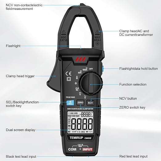 Digital Clamp Meter Multimeter TRMS 6000 Counts 600A Auto-ranging Amp Meter with Flashlight Backlight, Measures NCV, AC/DC Voltage Current, Continuity Capacitance Diode Resistance, Temperature