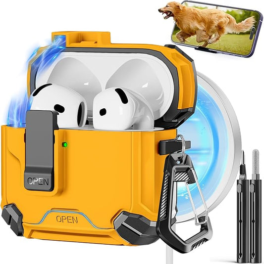 Pohgelan Compatible with AirPods 4 Case,Magnetic Automatic Lock with Phone Stand & Cleaning Kit,Compatible with Magsafe Cover -Yellow