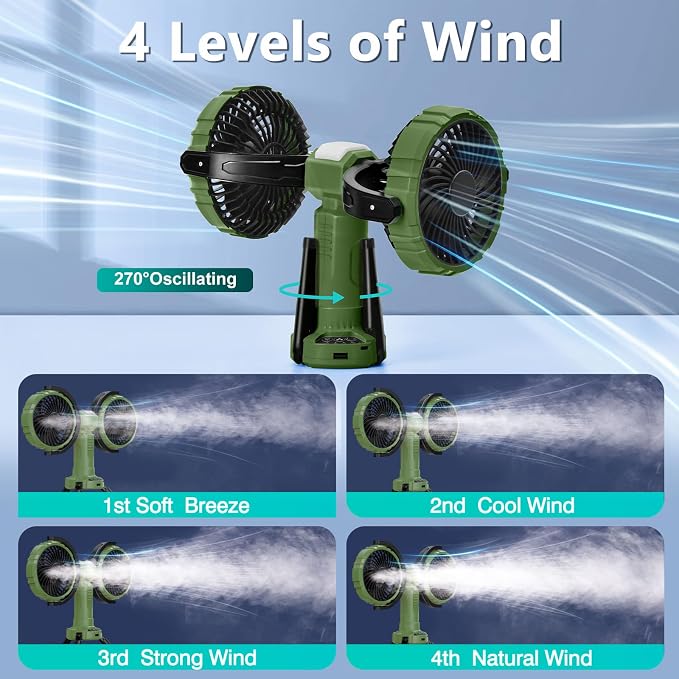 10000mAh Outdoor Camping Fan, Oscillating Battery Operated Tent Fan with LED Lantern, Dual Head Rechargeable Tent Ceiling Fan with Tripod & Hanging Hook - Green