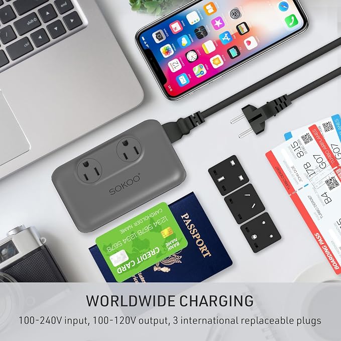 SOKOO 230-Watt Step Down 100-220V to 110V Voltage Converter, International Power Converter/Travel Adapter- Use for EU/UK/AU/US/India More Than 150 Countries, USB Quick Charger 3.0 Grey