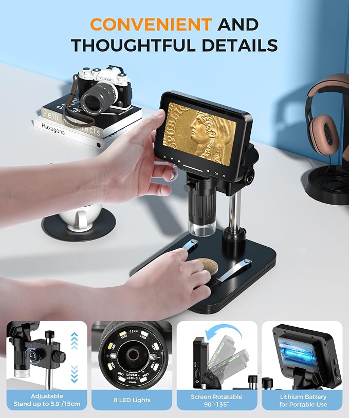 LCD Digital Microscope,4.3 Inch 1080P 10 Megapixels,10MP Camera Video Recorder with HD Screen,1-1000X Magnification Zoom Wireless USB Stereo Microscope Camera,