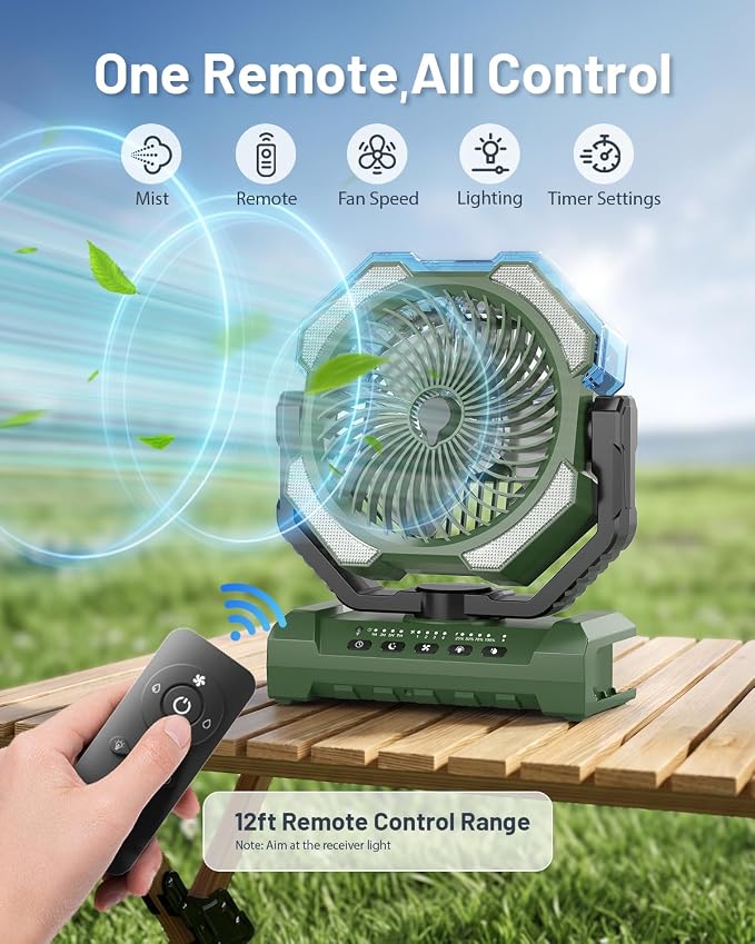 Misting Fan, Portable Camping Fans with 9oz Water Tank, 24000mAh Rechargeable Fan with 4 Speed, Battery Powered Fans with 120H Cooling, Last 5H Mist, 2 Mist Modes, Light, Outsides/Summer Essential