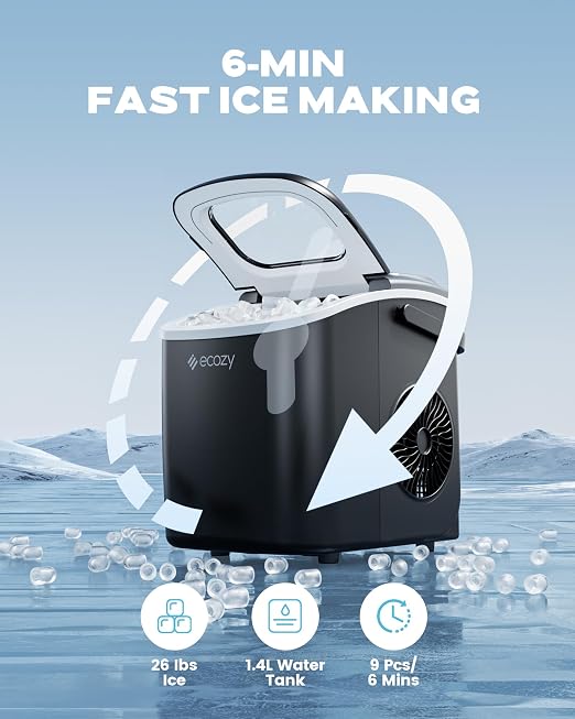 ecozy Ice Makers Countertop, 9 Ice Cubes Ready in 6 Mins, Portable Ice Machine with Carry Handle, 26lbs/24Hrs, Auto-Cleaning Ice Maker with Basket and Scoop, for Home/Kitchen/Camping/RV