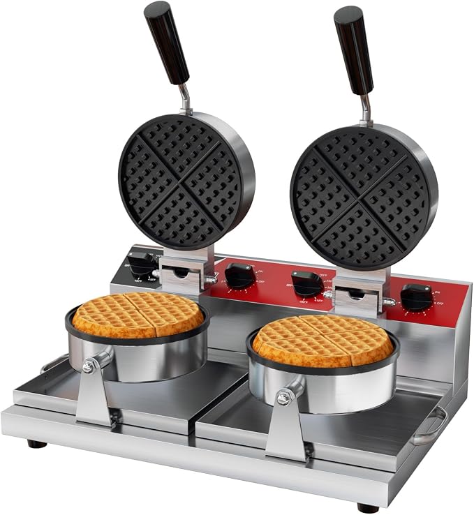 CROSSON Commercial Double Waffle Maker,Professional Dual-Head Round Belgian Waffle Maker Non-Stick Plate Machine with Temp and Time Control for Home Kitchen,Restaurant Bakeries Kitchen 120V/2600W