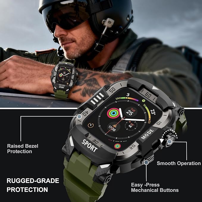 DABAOZA Rugged Case with Band Compatible with Apple Watch 44mm, for iWatch Series 6/5/4 & SE 3/2/1,Military Grade Shockproof Bumper and Men's Tactical Heavy Duty Strap (Army Green,44MM)