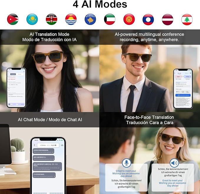 AI Smart Glasses for Men Women – Real-Time Translation Glasses in 165+ Languages, UV400 Polarized Bluetooth Sunglasses with Wear Detection Auto On/Off, Smart Sunglasses for Traveling Relaxing