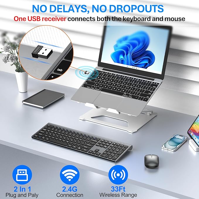 Wireless Keyboard and Mouse Combo, Full Size Keyboard and Mouse, Long Battery Life, Optical Mouse, 2.4G Lag-Free Cordless Mice Keyboard Set Ultra Slim Design for Computer, Laptop, PC, Mac, Windows