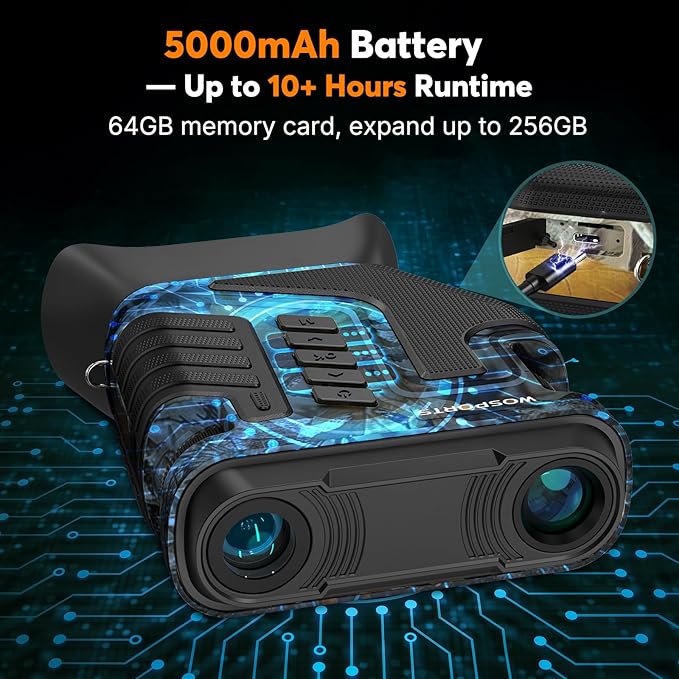 WOSPORTS 4K Night Vision Goggles– 10X Optical & 8X Digital Zoom, 64GB Card 1315FT Infrared Range, Rechargeable 5000mAh Battery, Ideal for Camping & Security – Camo