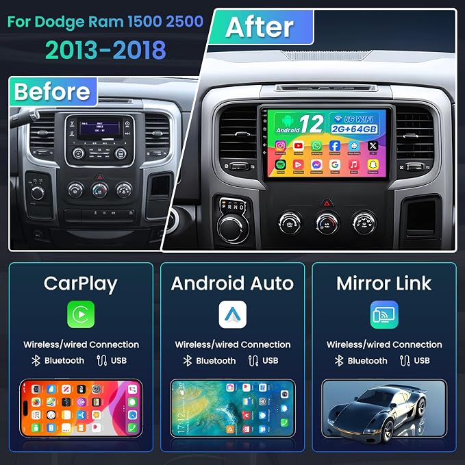 4Core 64G ROM 5G WiFi Car Radio for Dodge Ram 2013-2018 1500 2500 : 9" 1280*800 HD Touchscreen Stereo Replacement with Wireless Carplay Android GPS Bluetooth FM SWC Backup Camera (Only fit Manual AC)