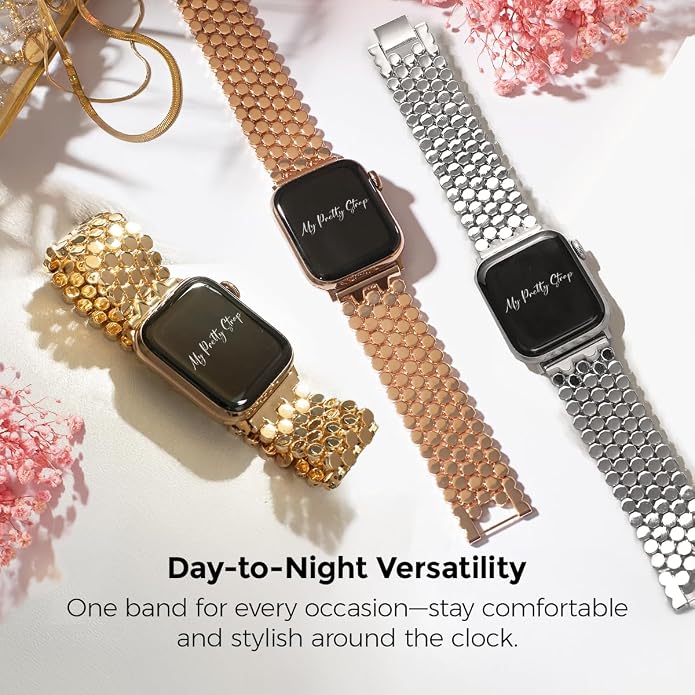 My Pretty Strap - Compatible Apple Watch Band Strap, Stainless Steel Fashion iWatch Replacement Strap- Easy Resizing, No Tool Needed, Fits Most Wrists- Series 1-11, SE and Ultra