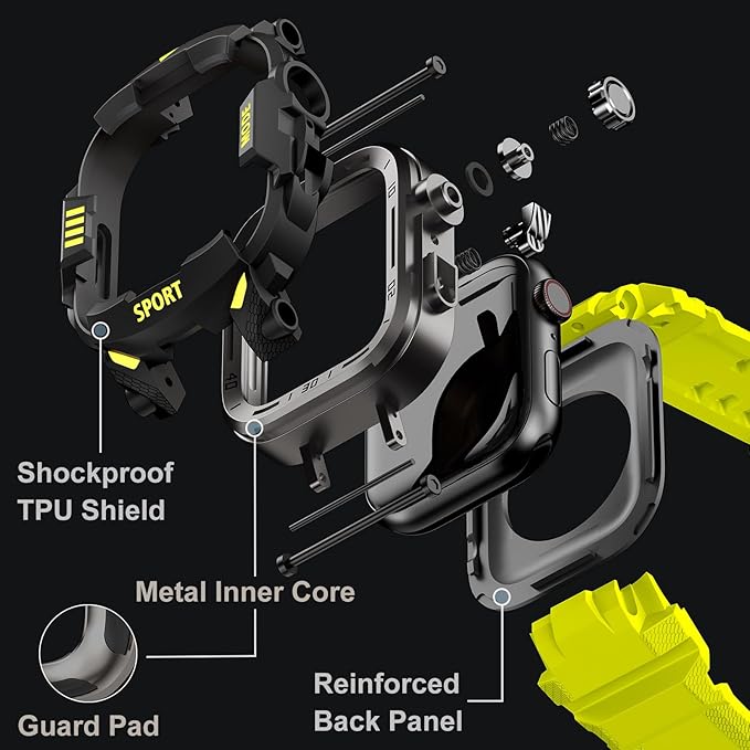 DABAOZA Rugged Case with Band Compatible with Apple Watch 44mm, for iWatch Series 6/5/4 & SE 3/2/1,Military Grade Shockproof Bumper and Men's Tactical Heavy Duty Strap (Fluorescent Green,44MM)