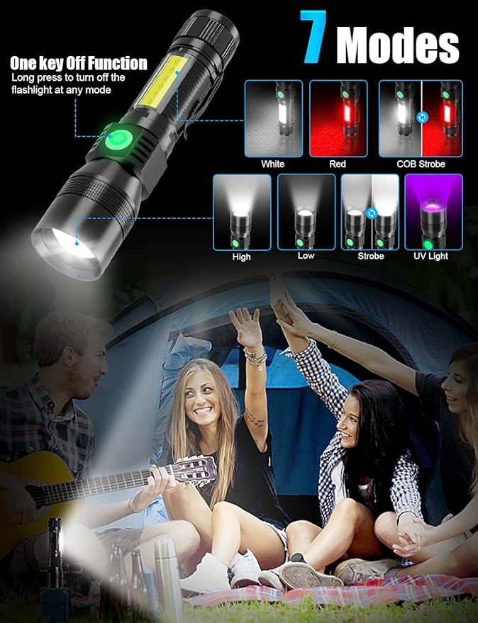 Rechargeable Tactical Flashlight, USB Magnetic Flashlights 1200 Lumen & 3 in 1 UV Rechargeable Flashlights 1000 High Lumens Black Light Flashligh