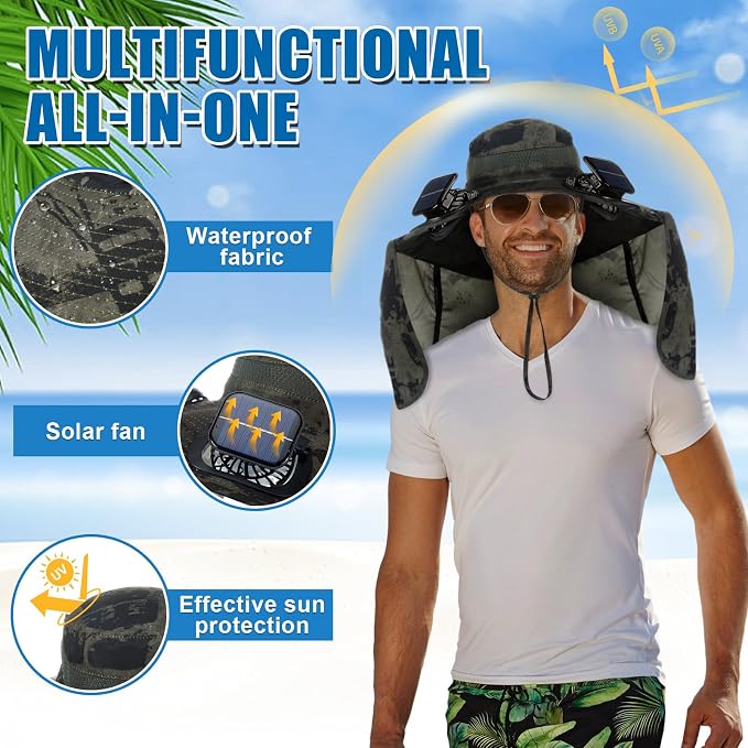 Chuarry Wide Brim Sun Hat with 2 Solar Fans and Neck Flap Outdoor Solar Powered USB Charging Bucket Fishing Hat for Men Women