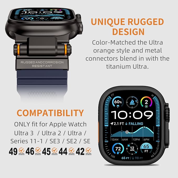 FOAMUNOC Rugged Band Compatible with Apple Watch Ultra 3/2/1 Band 49mm/46mm/45mm/44mm/42mm, Metal Connector with Strap for iWatch Ultra Series 11/10/9/8/7/6/SE3/SE2/SE/5/4/3/2/1, Navy Blue/Black